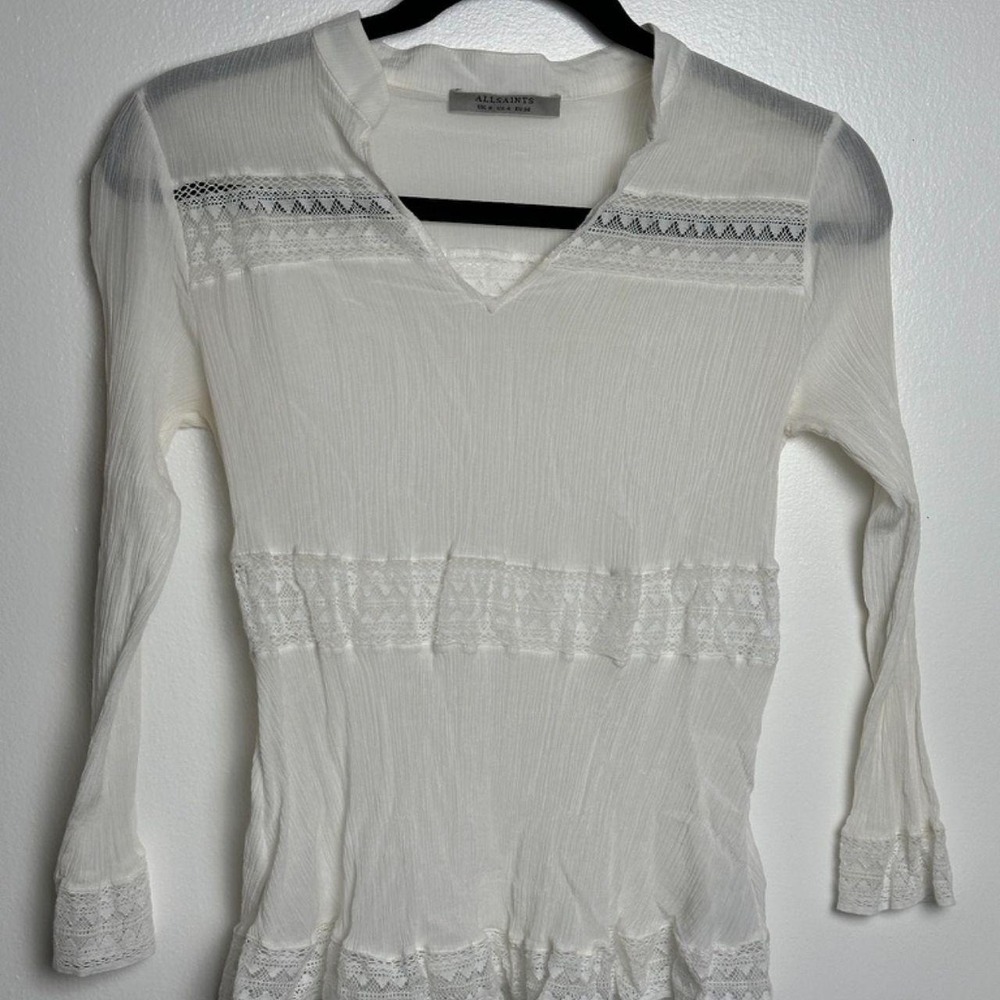 AllSaints White Cotton Silk Lace Trim Blouse 4